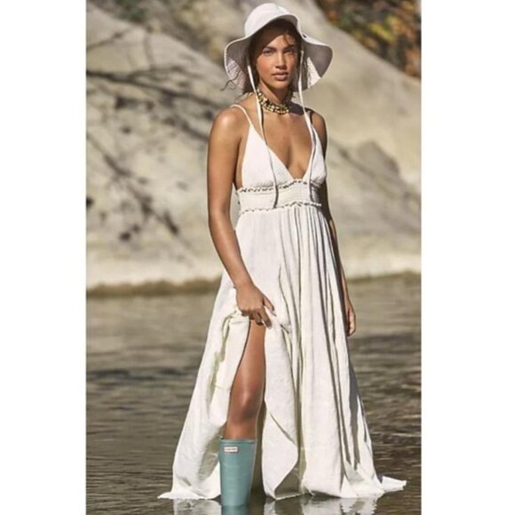 Free People Dresses & Skirts - Free People Heat Haze White Cream Smocked‎ Linen Cotton Maxi Dress Size Medium